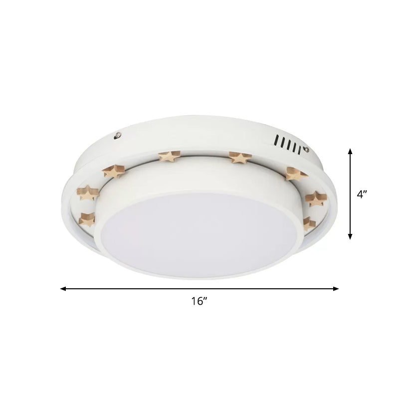 White Led Flush Mount Lamp With Modern Metallic Finish & Wooden Star Deco