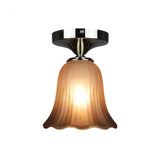 Traditional Tan Glass Flower Flushmount Foyer Lighting Fixture - 1 Bulb Flush Mount
