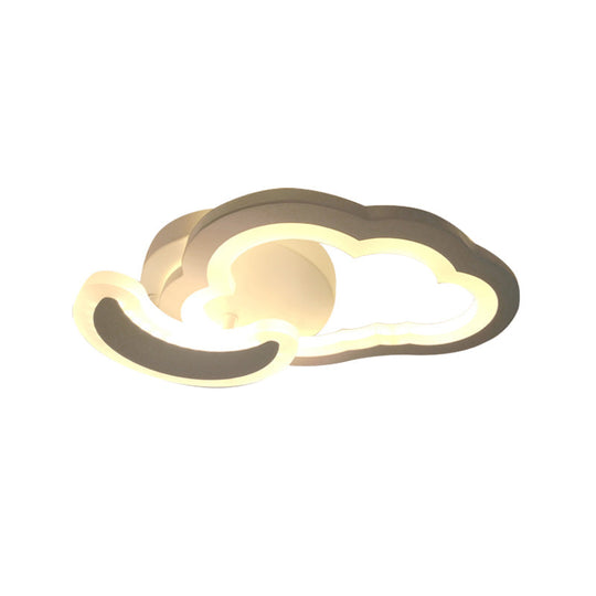White Nordic Led Semi - Flush Foyer Lamp With Airplane Moon And Cloud Design