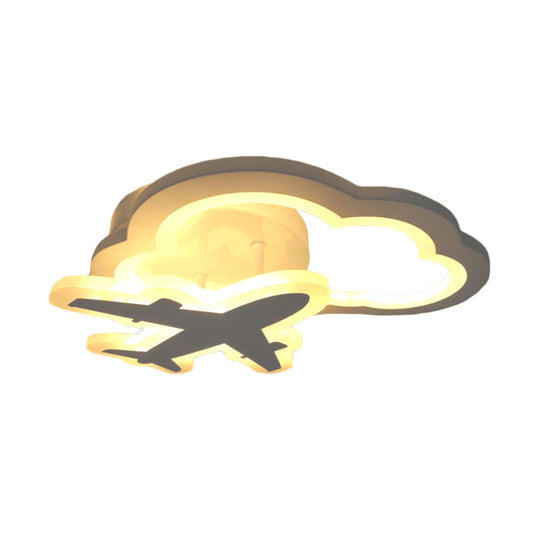 White Nordic Led Semi - Flush Foyer Lamp With Airplane Moon And Cloud Design