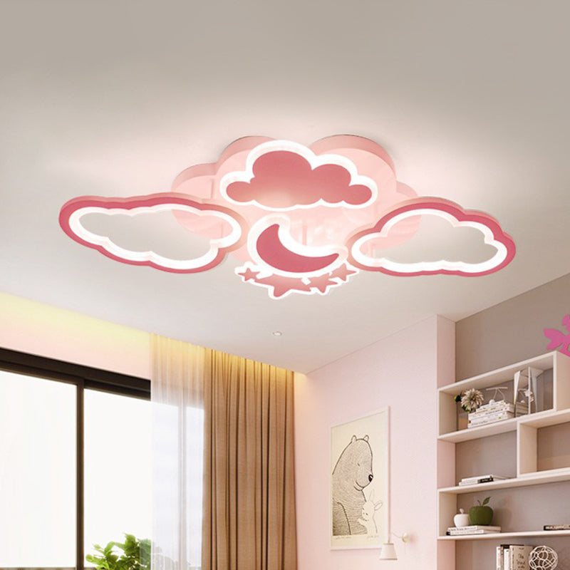 Kid’s Led Ceiling Light: Moonlit Starry Sky Semi Flush Mount For Bedroom - Pink/White