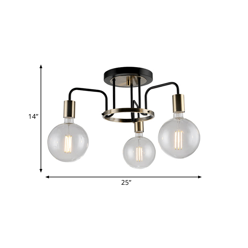 Vintage Black & Gold Semi - Flush Ceiling Lamp With Clear Glass - Ideal For Living Rooms (3/5 -