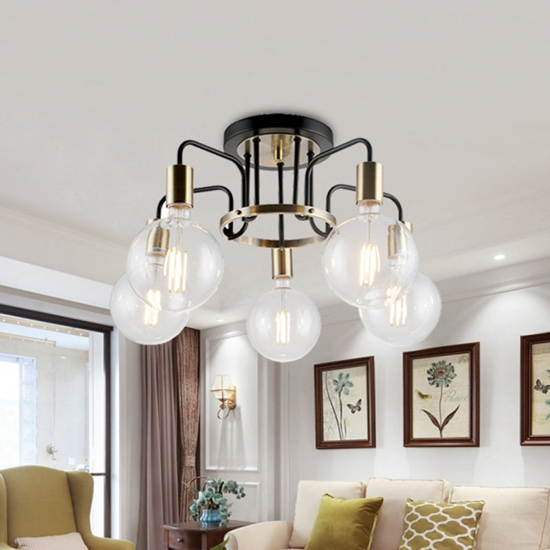 Vintage Black & Gold Semi - Flush Ceiling Lamp With Clear Glass - Ideal For Living Rooms (3/5 -