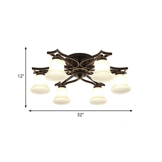 Vintage Bell Milk White Glass Flushmount Lighting: 6 - Bulb Ceiling Mounted Fixture In Black
