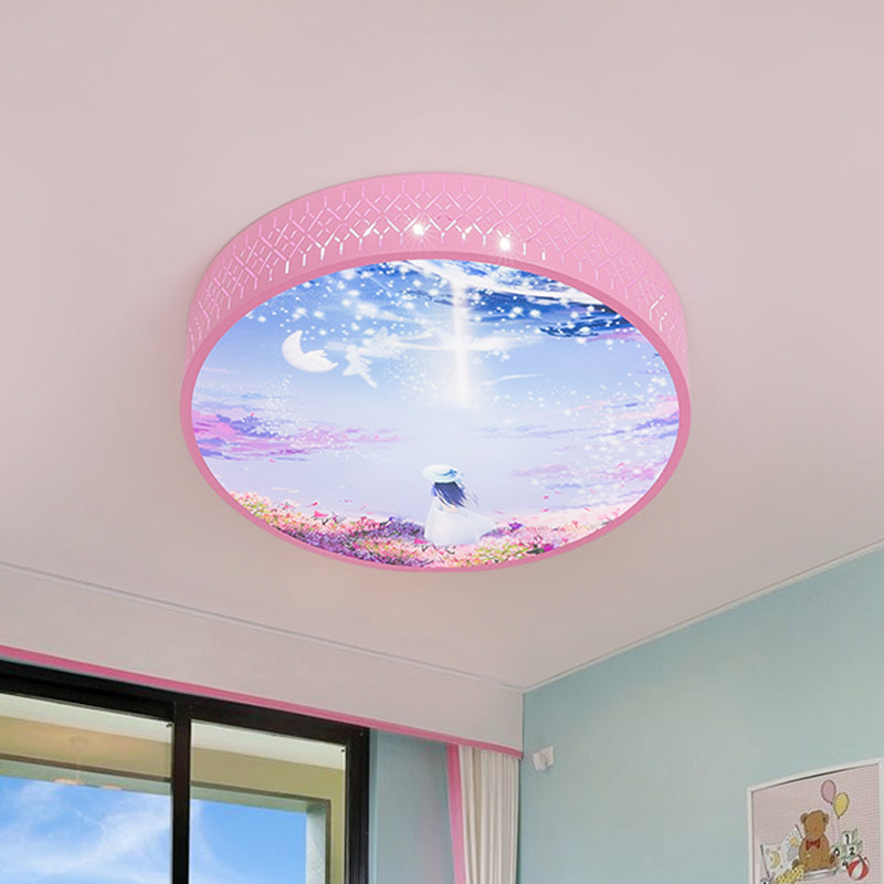 Led Flush - Mount Ceiling Light: Pink Girl Under Starry Sky Design With Acrylic Shade And Laser Cut