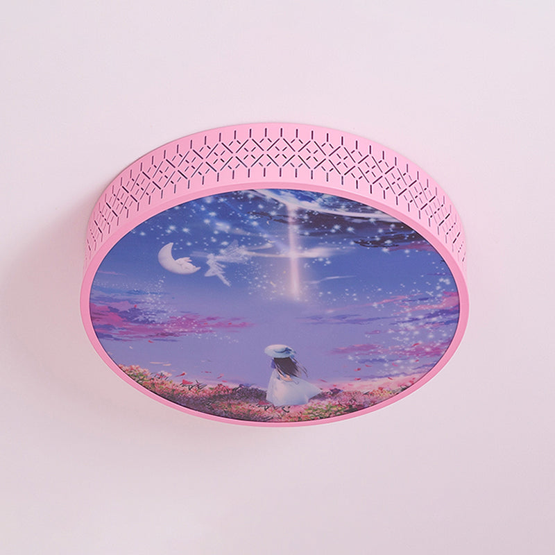 Led Flush - Mount Ceiling Light: Pink Girl Under Starry Sky Design With Acrylic Shade And Laser Cut