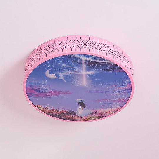 Led Flush-Mount Ceiling Light: Pink Girl Under Starry Sky Design With Acrylic Shade And Laser Cut