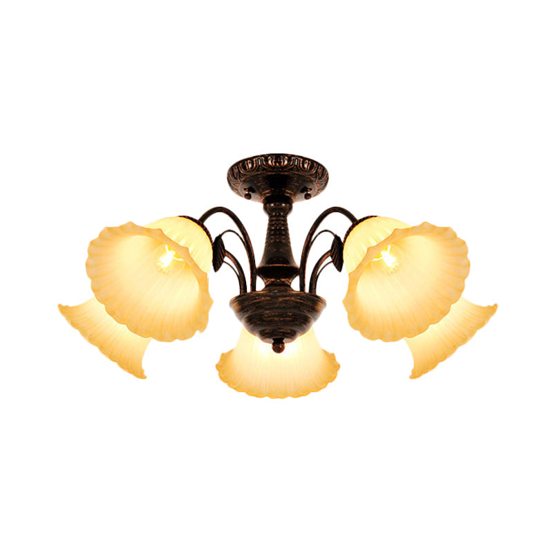 Bronze Countryside Blossom Ceiling Mount Light Fixture With Frosted Glass For Bedroom - 3/5 Lights