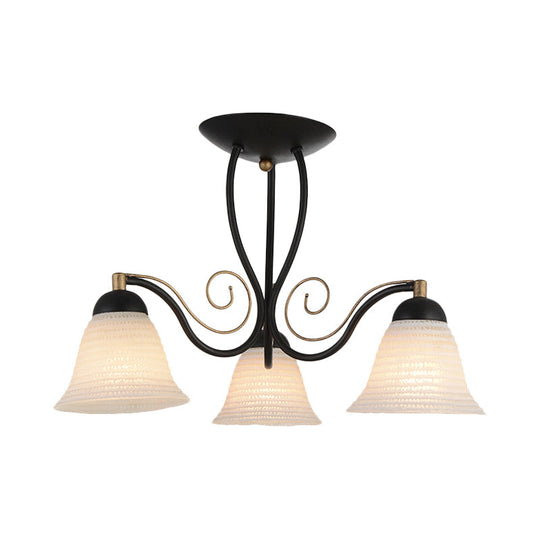 Bell Rustic Opal Glass Ceiling Light Fixture - Semi Flush Mount 3 Heads Black For Bedroom