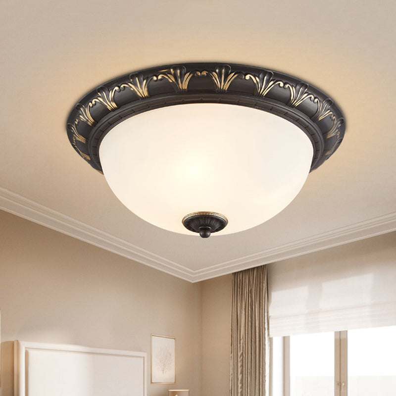 Flush Mount Ceiling Light Fixture With White Glass Dome For Bedroom - 2/3 Heads Black 12’/15.5’