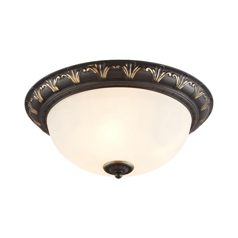 Flush Mount Ceiling Light Fixture With White Glass Dome For Bedroom - 2/3 Heads Black 12/15.5 W