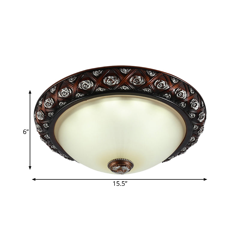 Rustic Bowl White Glass Flush Mount Lamp With Rose Pattern Trim - 2/3 - Bulb Light Fixture