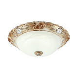 Rustic White Glass Bowl Flush Mount Light With Carved Edge - 2/3 Bulbs 13’/17’ Wide