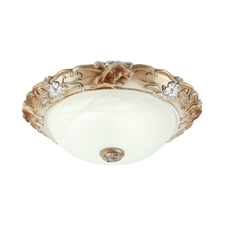 Rustic White Glass Bowl Flush Mount Light With Carved Edge - 2/3 Bulbs 13’/17’ Wide