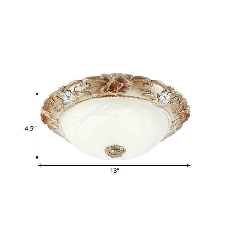 Rustic White Glass Bowl Flush Mount Light With Carved Edge - 2/3 Bulbs 13’/17’ Wide