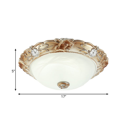 Rustic White Glass Bowl Flush Mount Light With Carved Edge - 2/3 Bulbs 13’/17’ Wide
