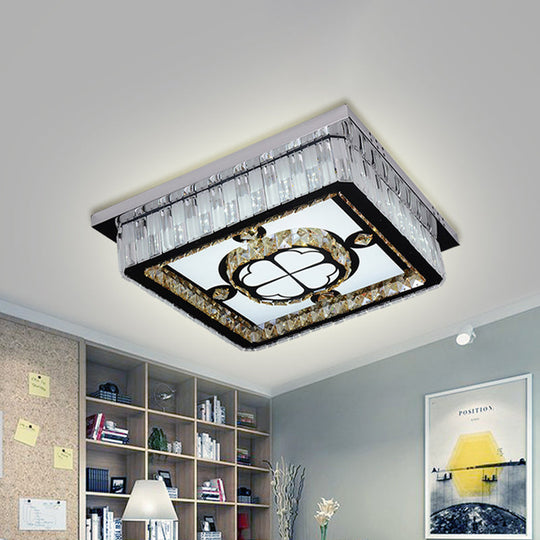 Square Led Crystal Ceiling Mounted Light In Chrome With Clover Pattern - Modern Simplicity Design