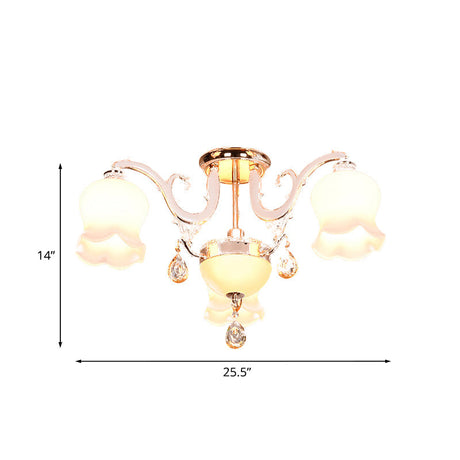 Opal Glass Semi Flush Ceiling Light With Crystal Drop - Traditional Scalloped Design In Gold