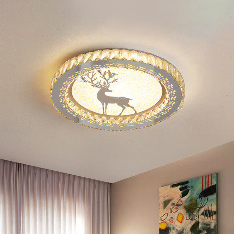 Simplicity Etched Deer/Flower Led Flushmount Light: Rectangular - Cut Crystal Ceiling Mount In