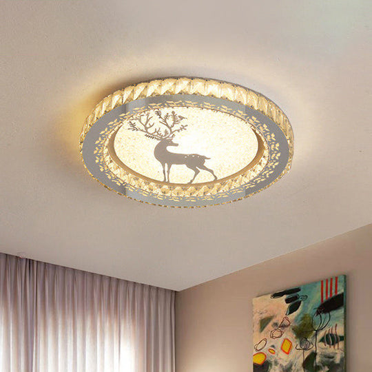 Simplicity Etched Deer/Flower Led Flushmount Light: Rectangular - Cut Crystal Ceiling Mount In