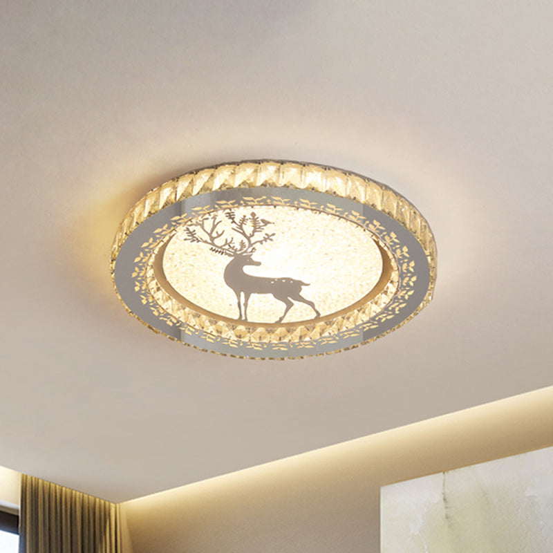 Simplicity Etched Deer/Flower Led Flushmount Light: Rectangular - Cut Crystal Ceiling Mount In