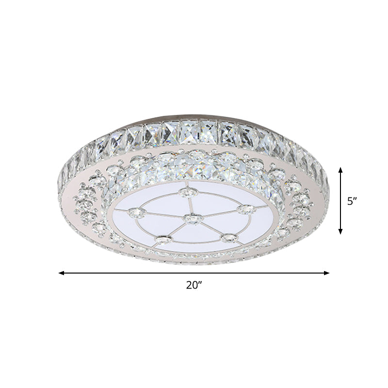 Round Crystal Block Led Flush Mount Ceiling Light In Nickel Finish For Simple Bedroom Style