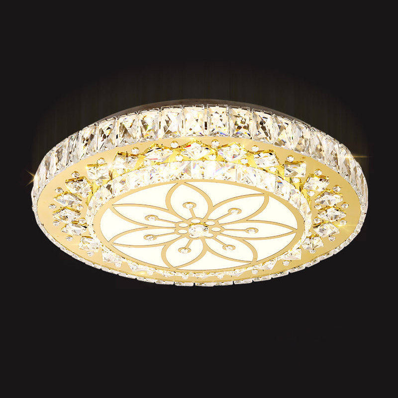 Led Crystal Flower Ceiling Light In Modern 2 - Layered Round Flush Mount Design - Nickel