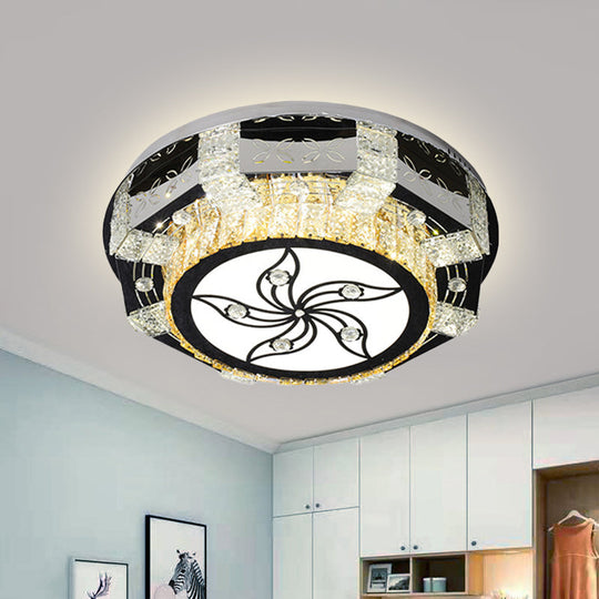Modern Led Flush Mount Ceiling Light Fixture With Crystal Block Drum Shade In Nickel -