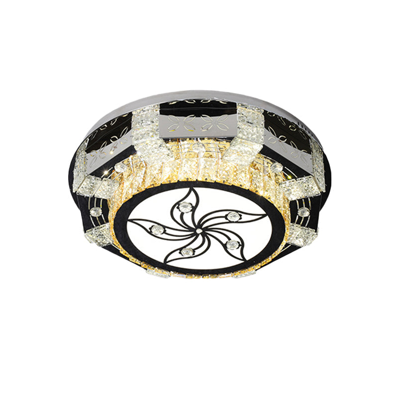 Modern Led Flush Mount Ceiling Light Fixture With Crystal Block Drum Shade In Nickel -