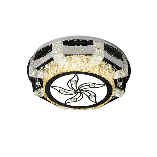 Modern Led Flush Mount Ceiling Light Fixture With Crystal Block Drum Shade In Nickel -