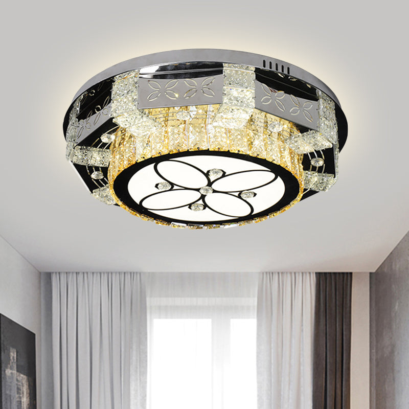 Modern Led Flush Mount Ceiling Light Fixture With Crystal Block Drum Shade In Nickel - Flower/Four