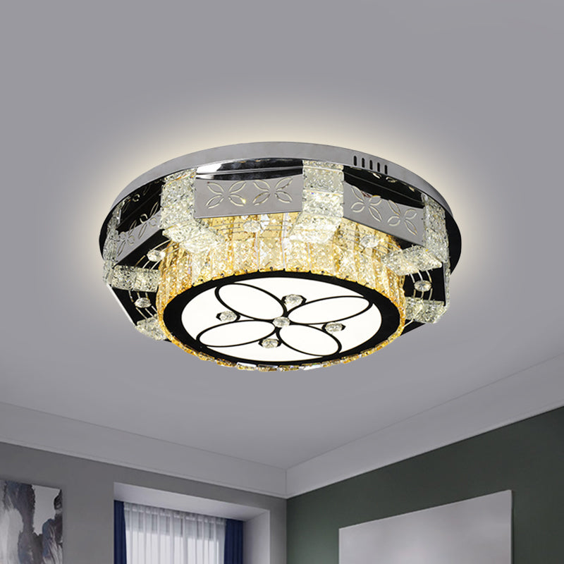 Modern Led Flush Mount Ceiling Light Fixture With Crystal Block Drum Shade In Nickel - Flower/Four