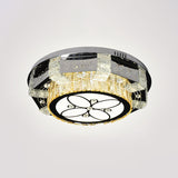 Modern Led Flush Mount Ceiling Light Fixture With Crystal Block Drum Shade In Nickel -