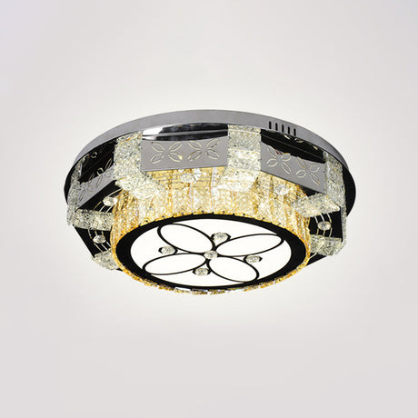 Modern Led Flush Mount Ceiling Light Fixture With Crystal Block Drum Shade In Nickel -
