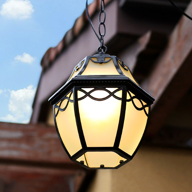 Black Birdcage Pendant Light With Cottage White Glass Shade - 1-Bulb Hanging Ceiling Fixture For