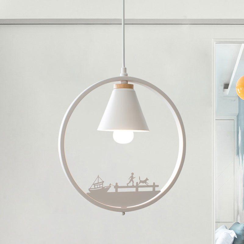 Nordic Style Pendant Lamp With Iron Cone Shade & Paper Cutting Decoration- Black/White 1 Bulb