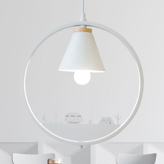 Nordic Style Pendant Lamp With Iron Cone Shade & Paper Cutting Decoration- Black/White 1 Bulb