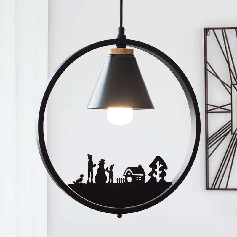Nordic Style Pendant Lamp With Iron Cone Shade & Paper Cutting Decoration- Black/White 1 Bulb