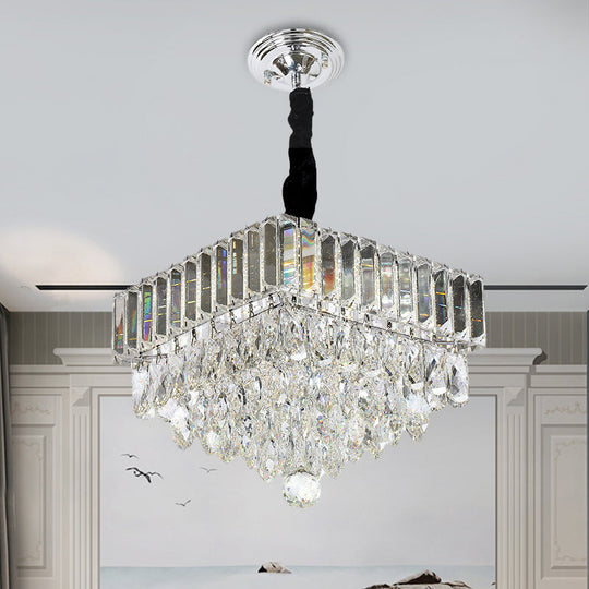 Modern Black Led Crystal Block Suspension Pendant - Tiered Square Design For Dining Room Lighting
