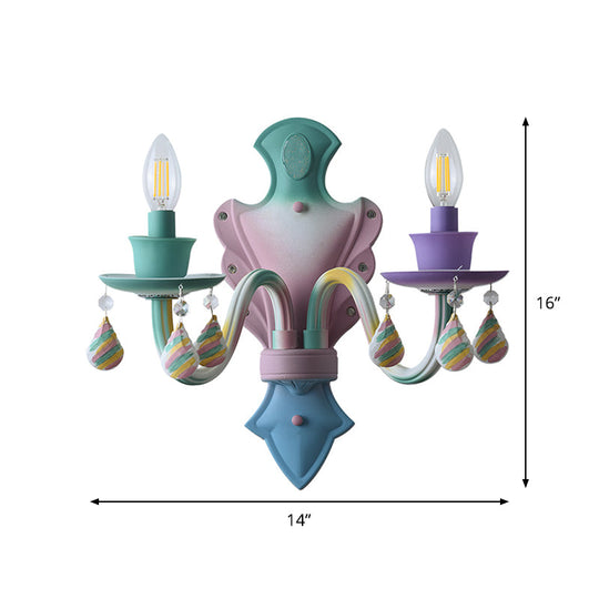 Macaroon Candle Wall Light - Pink Metallic Bedside Lamp With Crystal Droplet (2-Bulb Fixture)