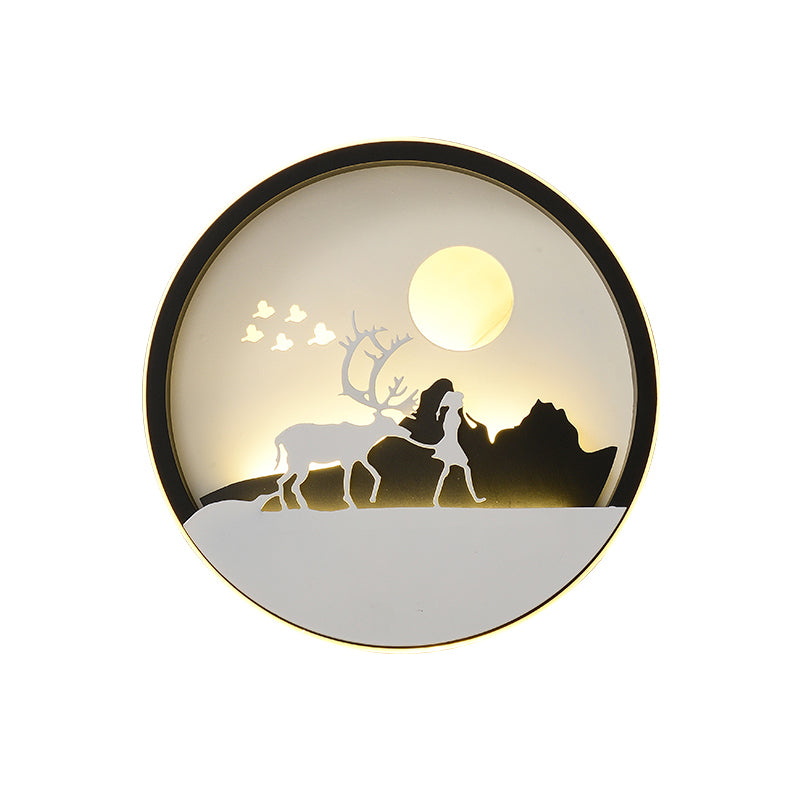 Metal Round Led Black Wall Lamp Sconce With Modernist Deer Girl Eagle And Windmill Design - Perfect