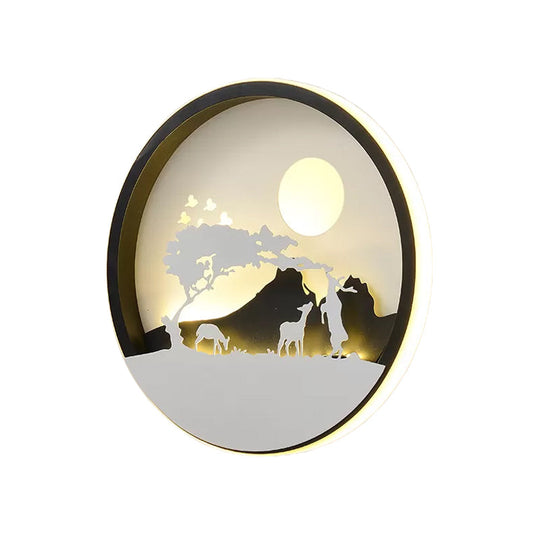 Metal Round Led Black Wall Lamp Sconce With Modernist Deer Girl Eagle And Windmill Design - Perfect