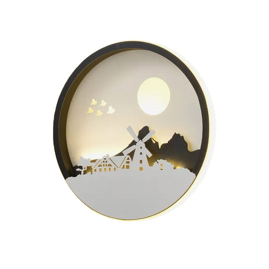 Metal Round Led Black Wall Lamp Sconce With Modernist Deer Girl Eagle And Windmill Design - Perfect