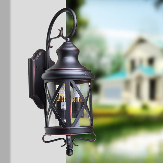 Black Iron Wall Lantern With Clear Glass Shade - Rural Sconce (2 Bulbs)