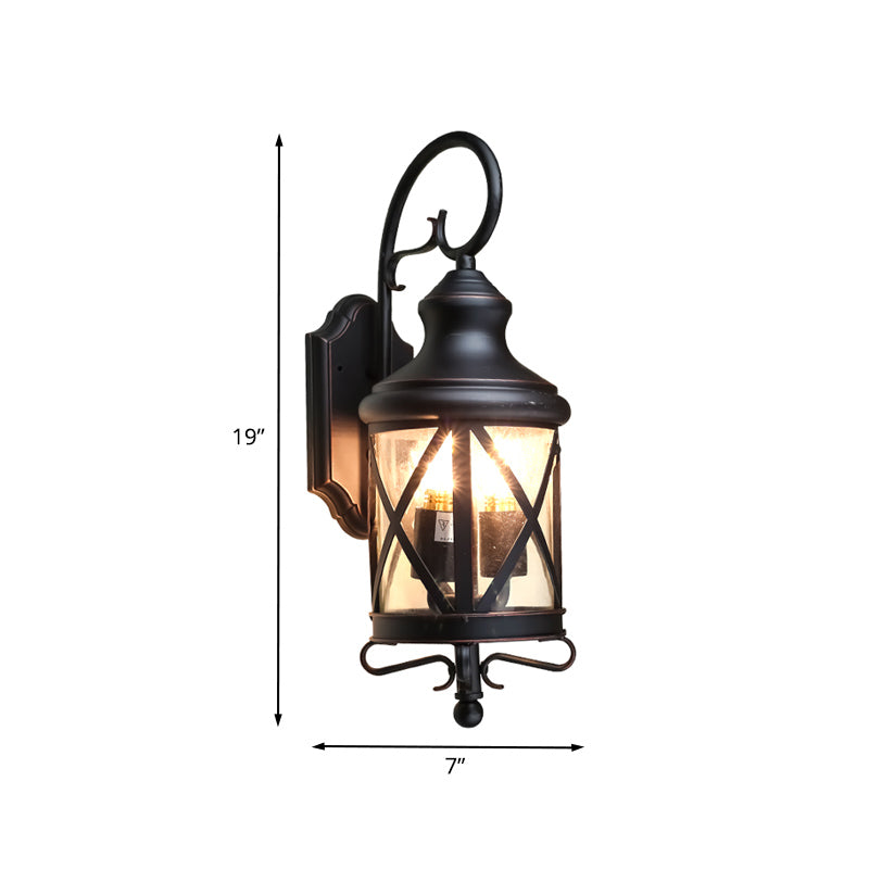 Black Iron Wall Lantern With Clear Glass Shade - Rural Sconce (2 Bulbs)