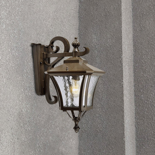 Retro Dark Coffee Lantern Sconce Light Outdoor Wall Lamp With Clear Water Glass And Single Bulb