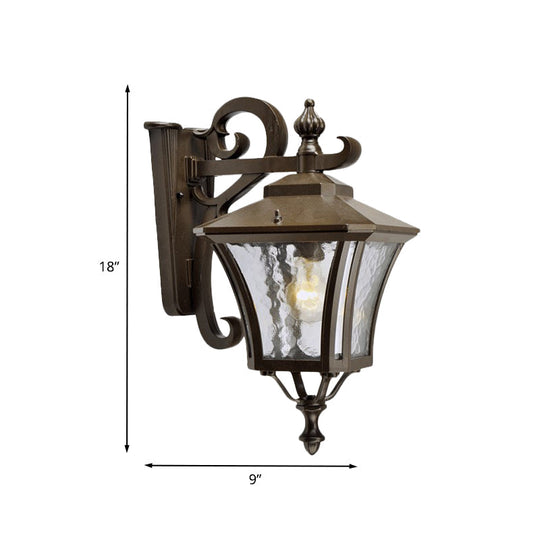 Retro Dark Coffee Lantern Sconce Light Outdoor Wall Lamp With Clear Water Glass And Single Bulb