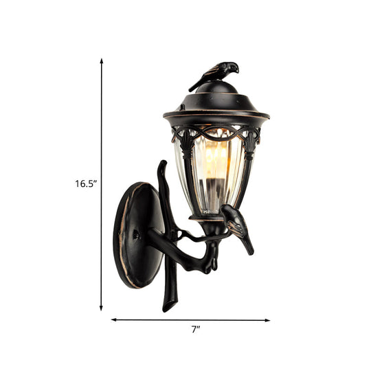 Countryside 1-Light Black Clear Glass Urn Wall Sconce With Bird Decor Perfect For Patio Lighting