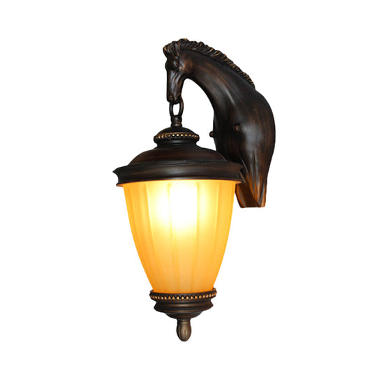 Rustic Yellow Glass Urn Wall Light Outdoor Sconce With Dark Coffee Finish And Horse Backplate