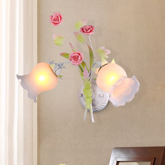 Rural Floral Sconce With 2 Opal Glass Lights And Bloom Deco In Green/White/Pink White-Green